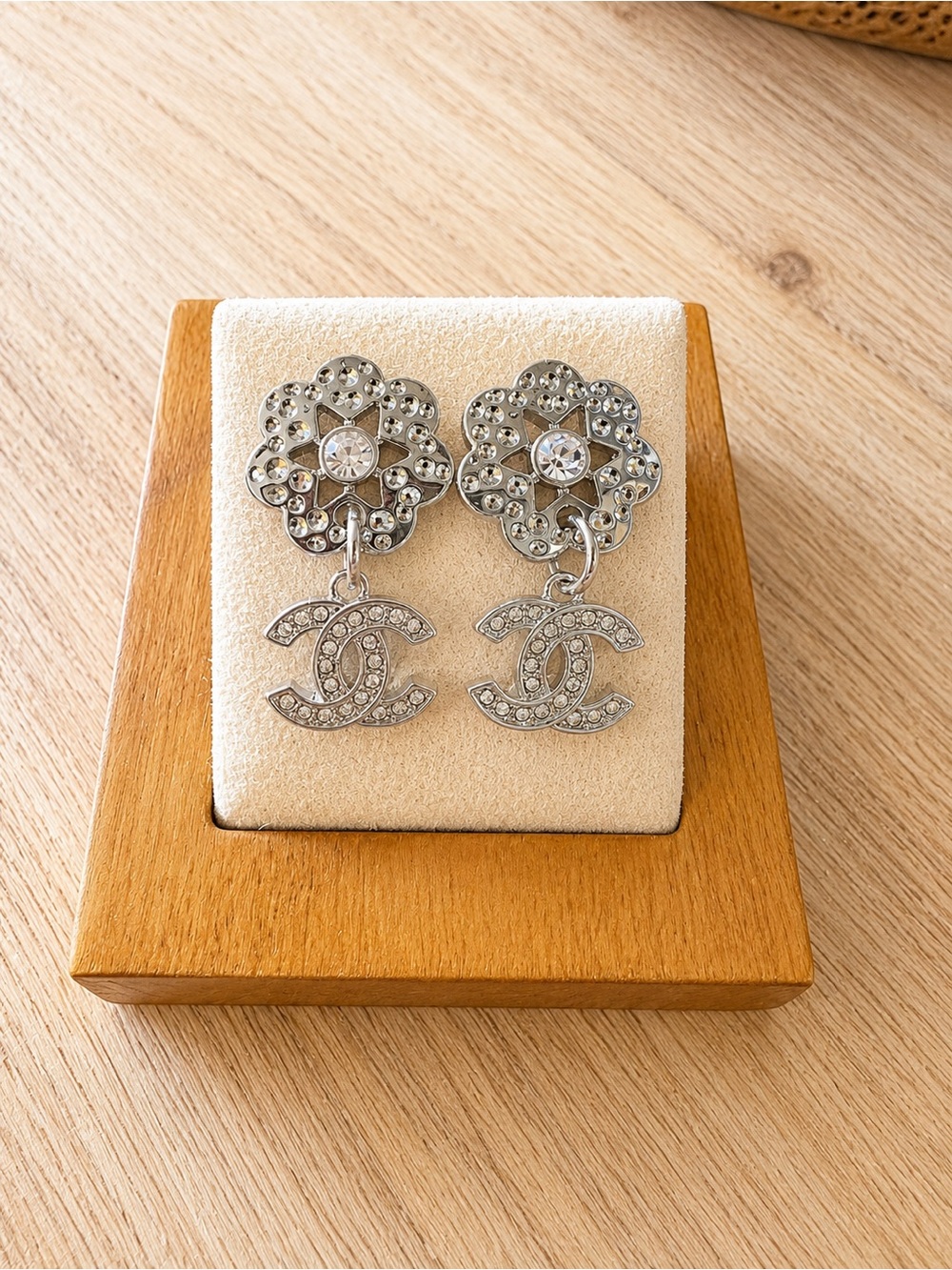 CC Silver Crystal Camellia Drop Earrings